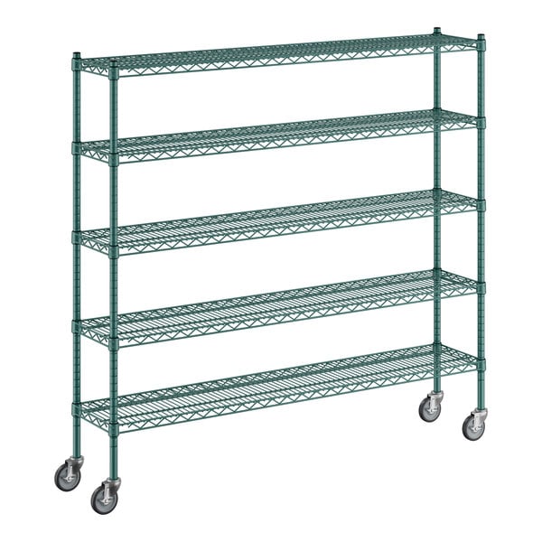 A Regency green metal wire shelving starter kit on wheels with 5 shelves.