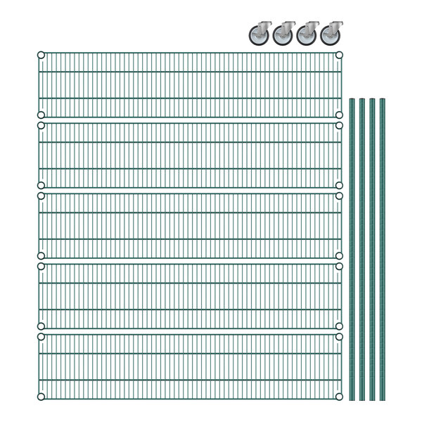 Regency mobile wire shelving starter kit with green wire shelves and metal posts.
