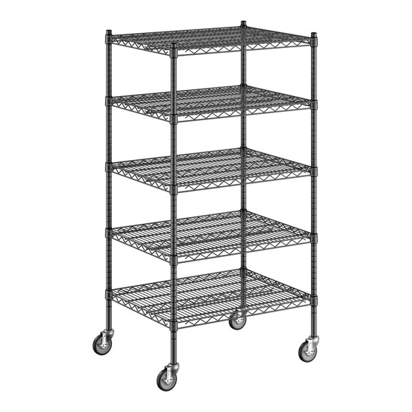 A Regency black wire shelving unit with 5 shelves and wheels.