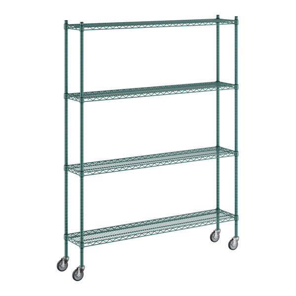 A green metal Regency wire shelving unit with wheels.