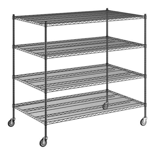 A Regency black wire shelving unit with wheels and four shelves.