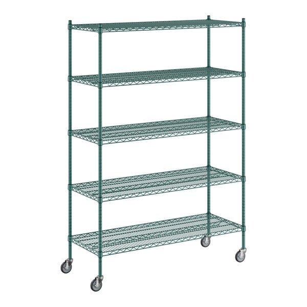 A green metal Regency wire shelving unit on wheels.