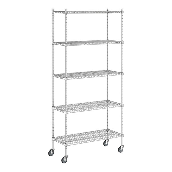 A Regency chrome mobile wire shelving unit with wheels.