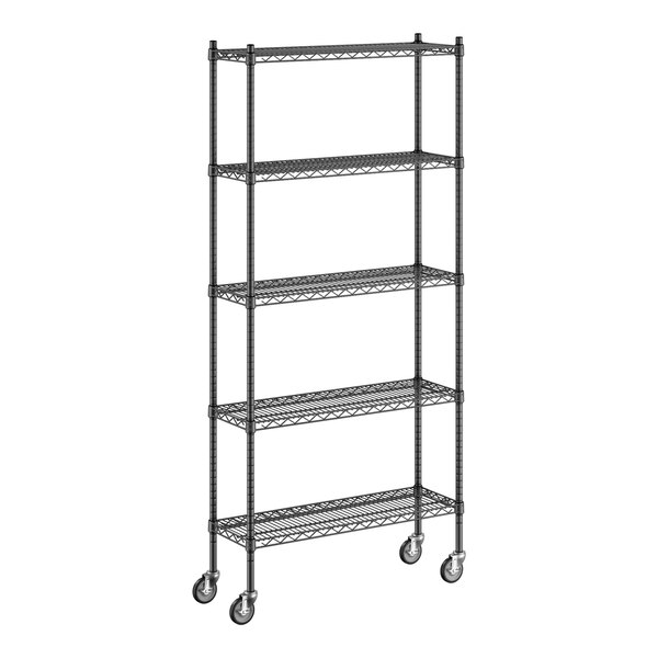 A Regency black wire shelving unit with wheels.