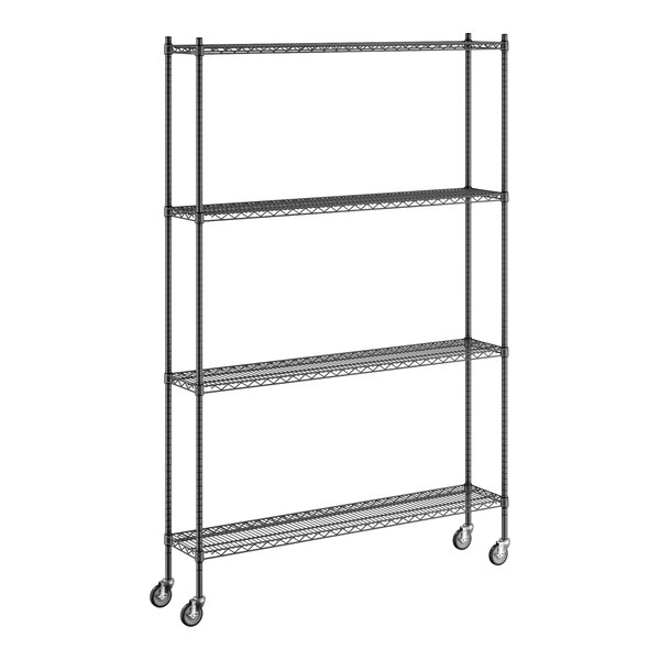 A Regency black metal wire shelving unit with wheels.