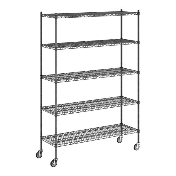 A black Regency wire shelving unit with wheels.