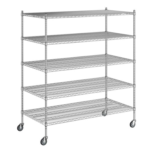 A Regency chrome wire shelving unit with wheels and five shelves.