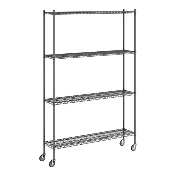 A Regency black wire shelving unit with wheels.