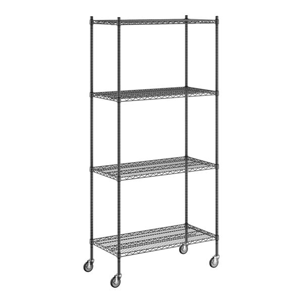 A Regency black wire shelving starter kit with wheels.