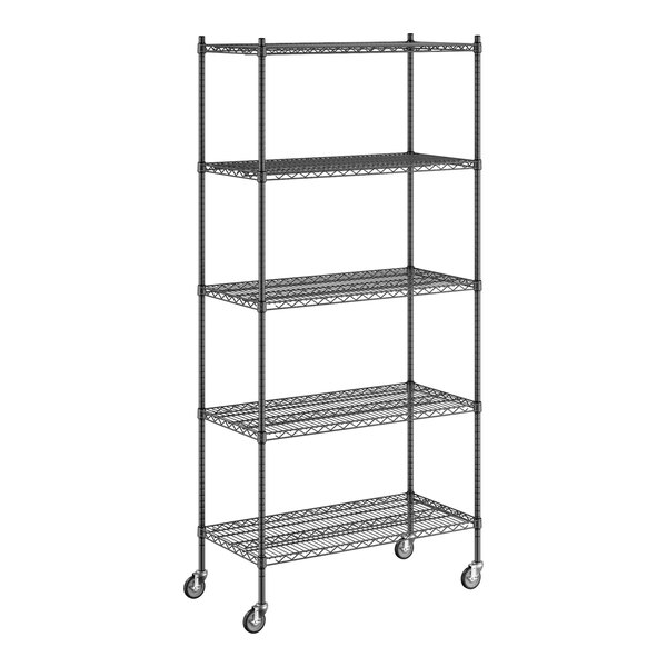 A Regency black wire shelving unit with wheels.