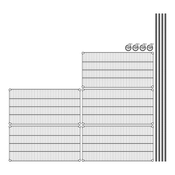A close-up of a Regency black wire shelving unit with wheels.