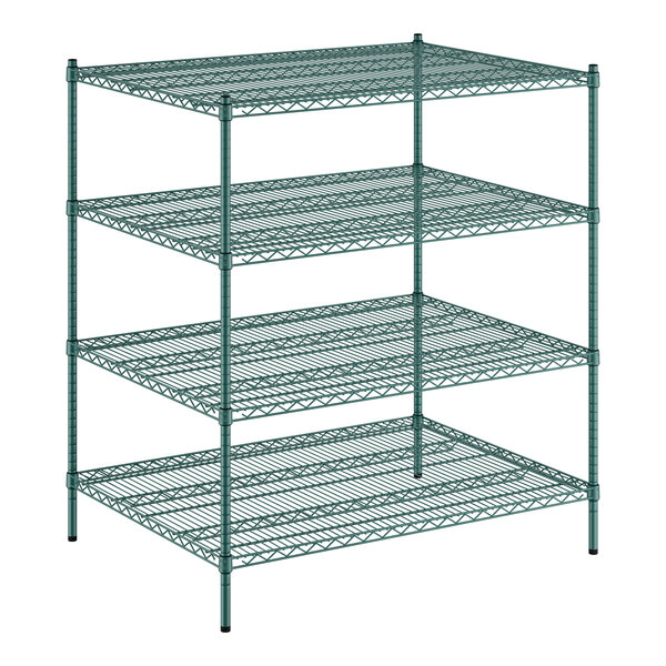 A green wire shelving unit with four shelves by Regency.