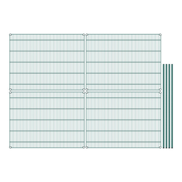 A green wire mesh shelf unit with 4 shelves.
