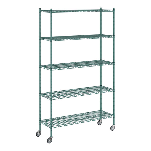 A Regency green wire shelving unit with wheels.