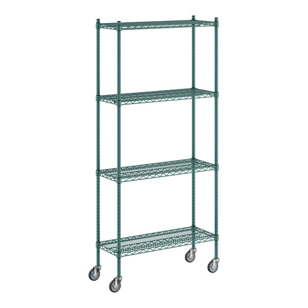 A Regency green wire shelving unit on wheels.