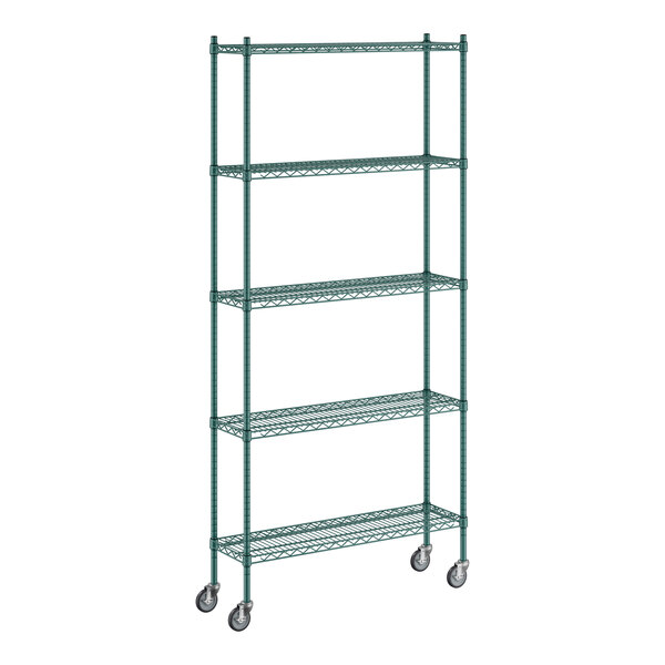 A Regency green wire shelving starter kit with wheels and five shelves.