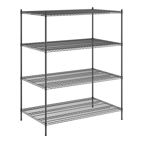 A Regency black wire shelving unit with four shelves.