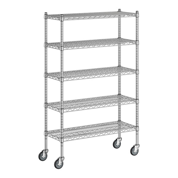 A Regency chrome wire shelving unit with wheels.