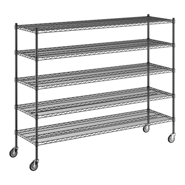 A Regency black wire shelving starter kit with wheels.