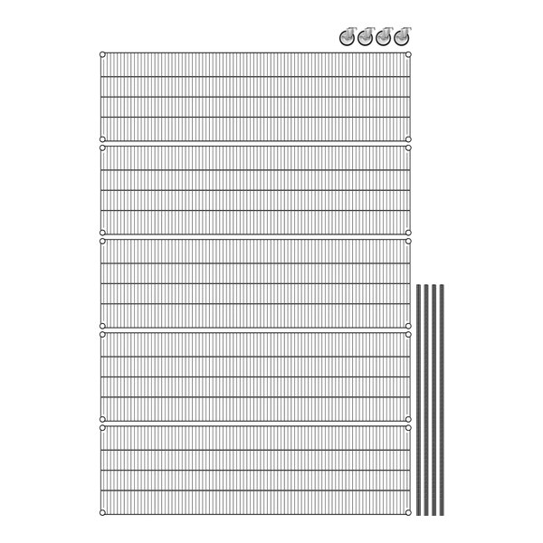 A close-up of black metal wire shelving with a grid pattern.