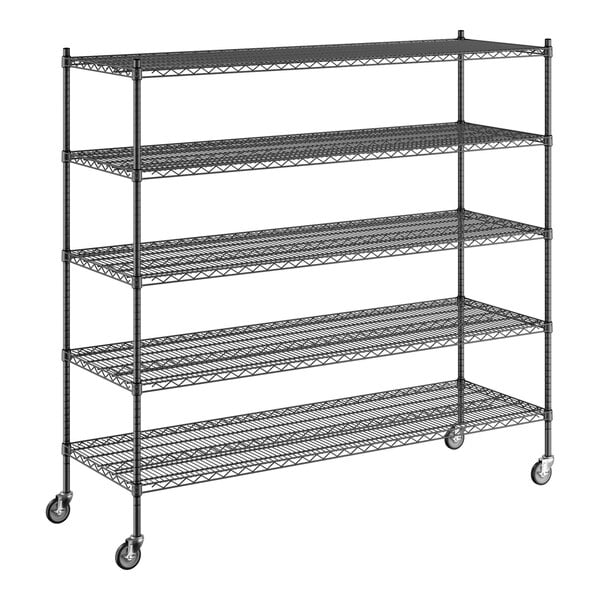 A Regency black wire shelving unit with wheels.