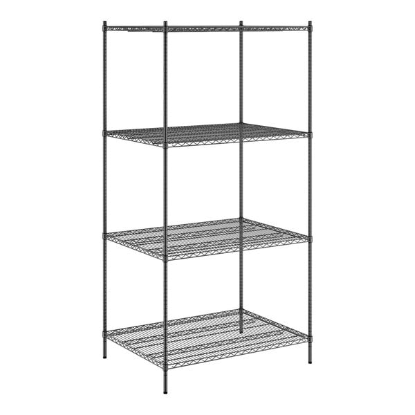 A Regency black wire shelving unit with four shelves.