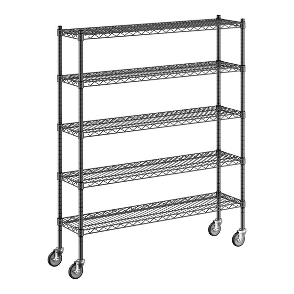 A Regency black wire shelving unit with wheels.