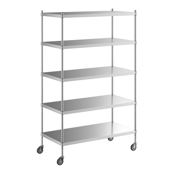 A Regency stainless steel mobile shelving unit with wheels.