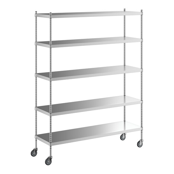 A Regency stainless steel mobile shelving unit with wheels.