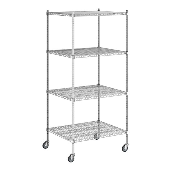 A Regency chrome mobile wire shelving unit with 4 shelves and wheels.