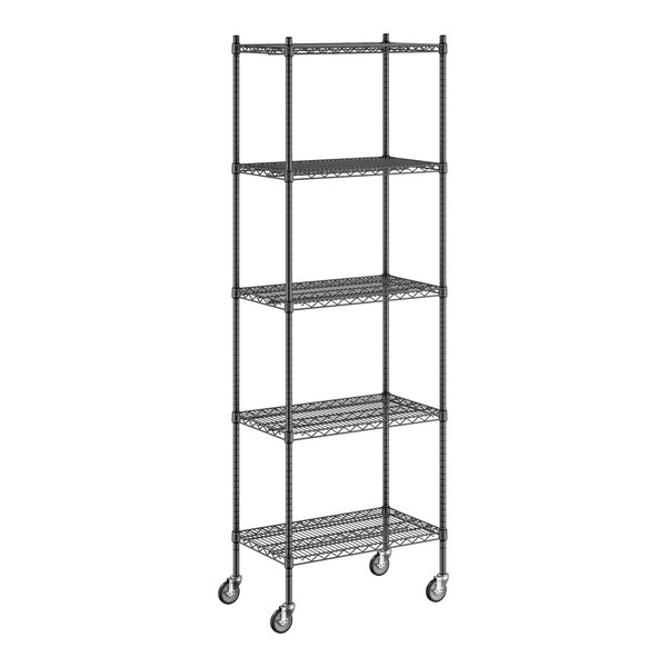 A Regency black wire shelving unit with wheels.