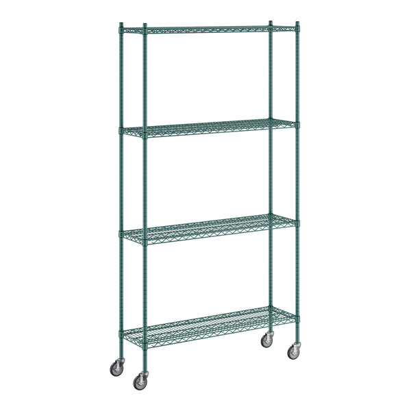 A Regency green wire shelving unit with wheels.