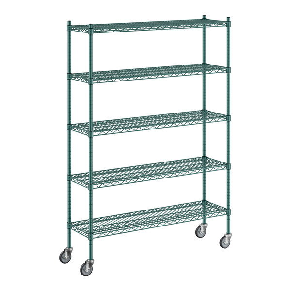 A green metal Regency wire shelving unit with wheels.