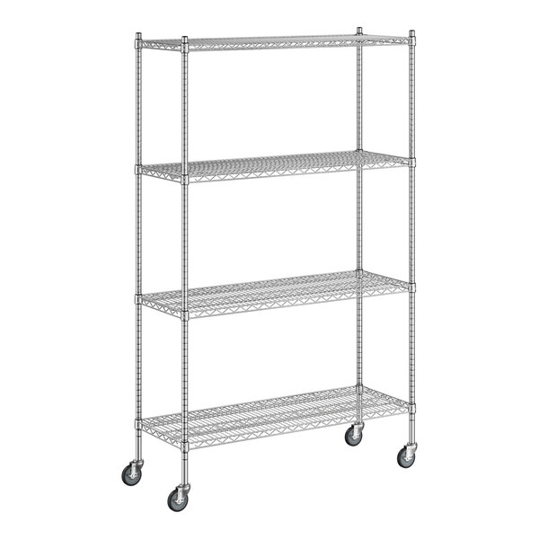 A Regency chrome wire shelving unit with wheels.