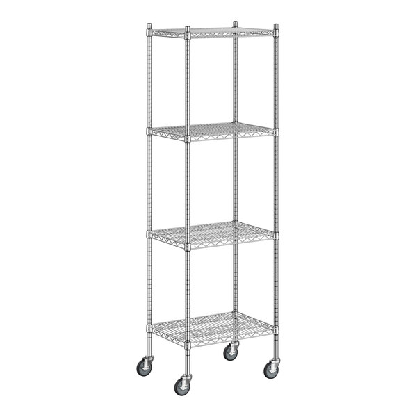 A Regency stainless steel wire shelving unit with wheels.