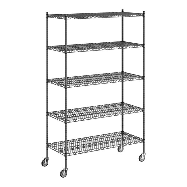 A Regency black wire shelving unit with wheels and five shelves.