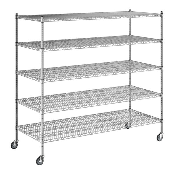 A Regency chrome wire shelving unit with wheels and four shelves.