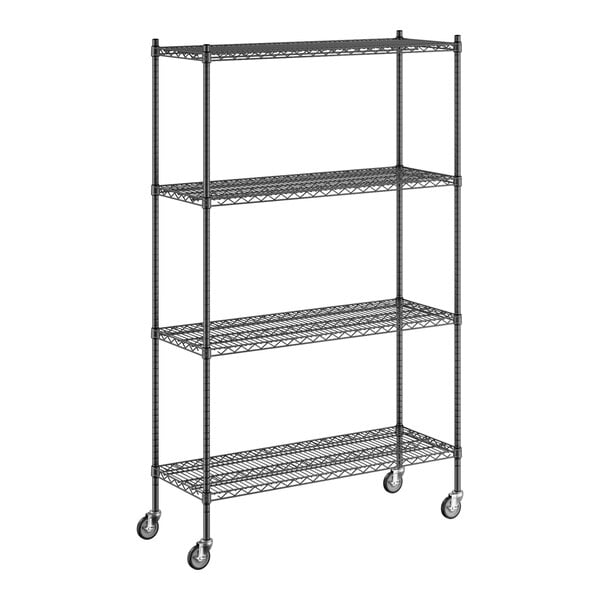 A Regency black wire shelving unit with wheels.