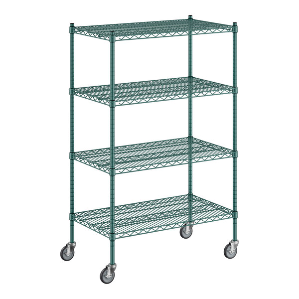 A Regency green wire shelving unit with wheels.