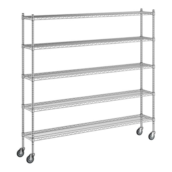 A Regency chrome mobile wire shelving unit with 5 shelves and wheels.