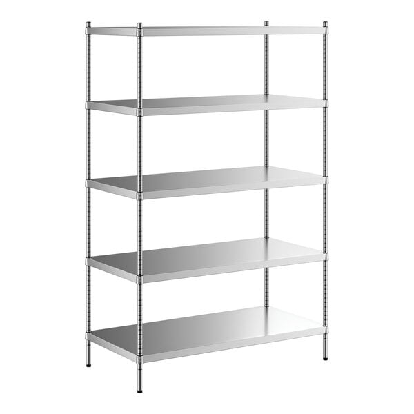 A Regency stainless steel shelving unit with four shelves.