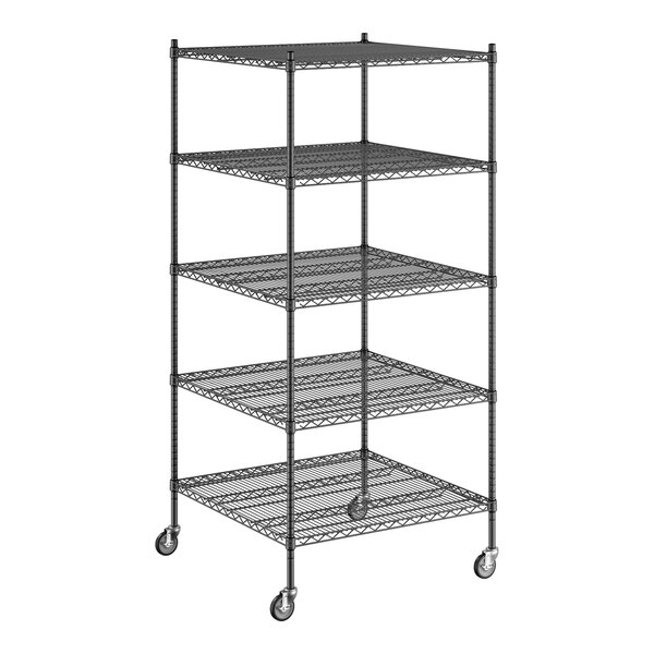 A Regency black wire shelving unit with wheels and five shelves.