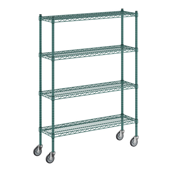 A Regency green metal wire shelving unit on wheels.