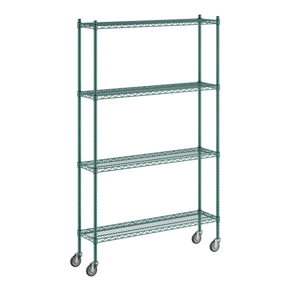 A green metal Regency wire shelving unit with wheels.