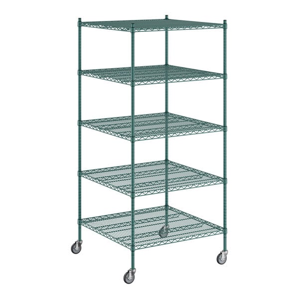 A Regency green wire shelving unit with wheels.