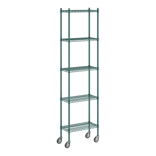 A green metal Regency mobile wire shelving unit with 5 shelves.