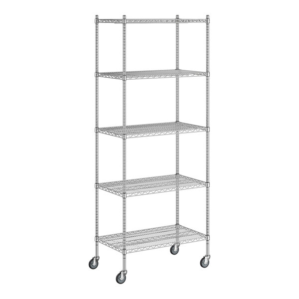 A white wireframe of a Regency chrome mobile shelving unit with five shelves.