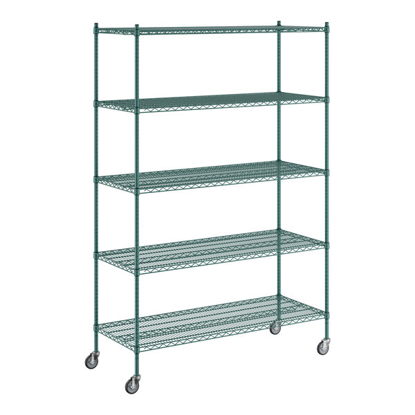 A green metal Regency wire shelving unit with wheels.