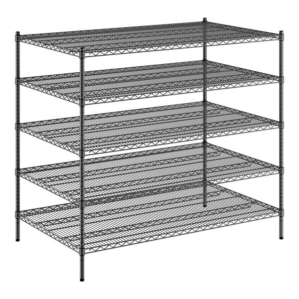 A black Regency wire shelving unit with four shelves.