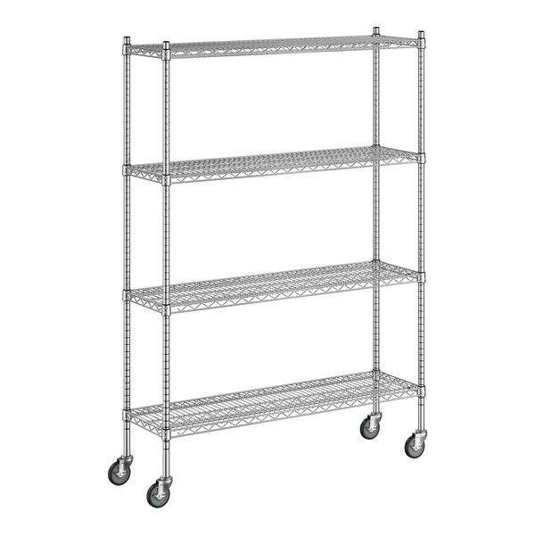 A Regency stainless steel wire shelving unit with wheels.